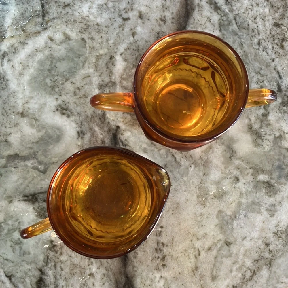 Vintage Amber Glass Sugar Bowl Creamer Set